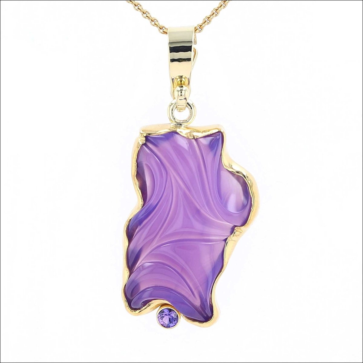 Carved Freeform Lilac Chalcedony Purple Sapphire Pendant 18KY 22KY - JewelsmithPendants