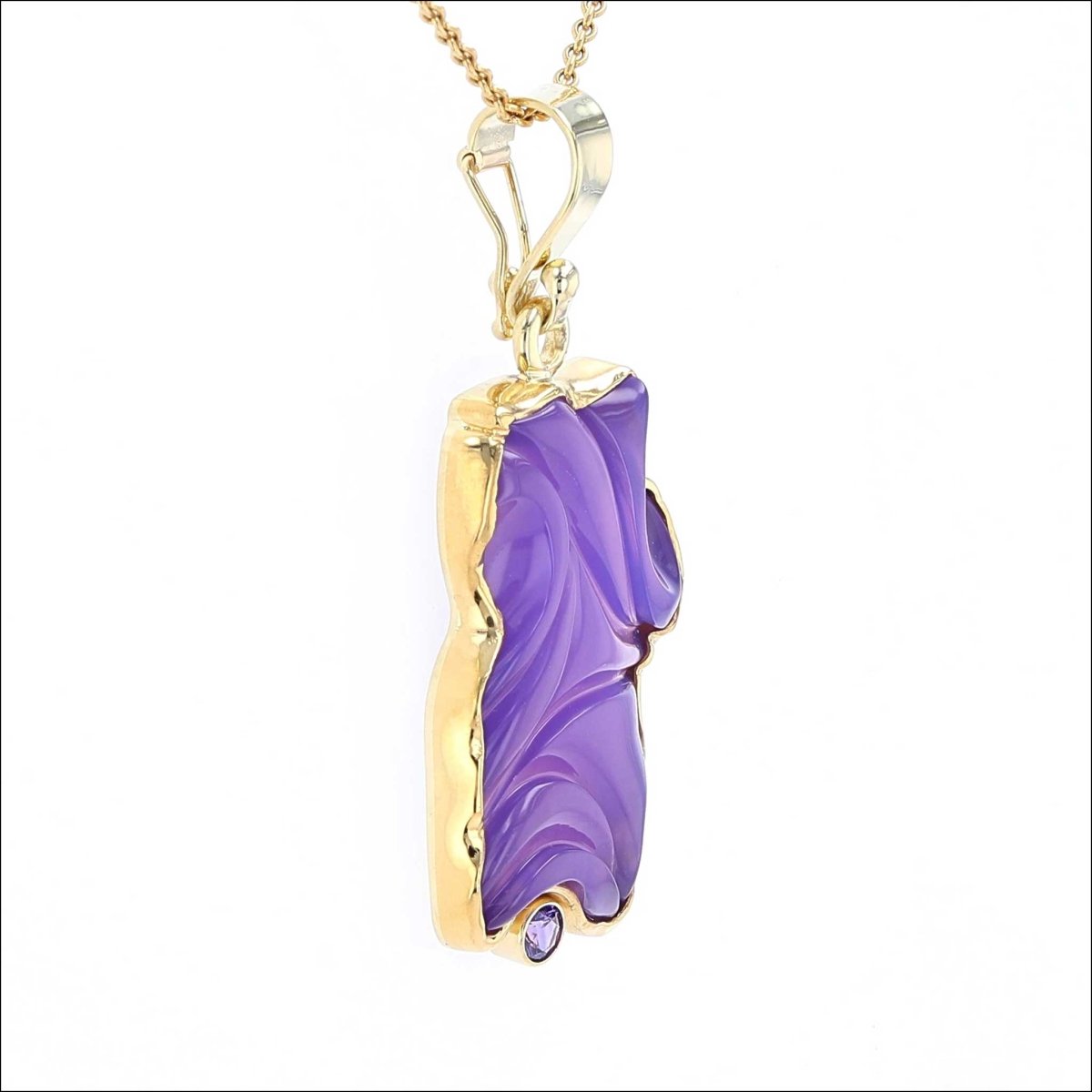 Carved Freeform Lilac Chalcedony Purple Sapphire Pendant 18KY 22KY - JewelsmithPendants