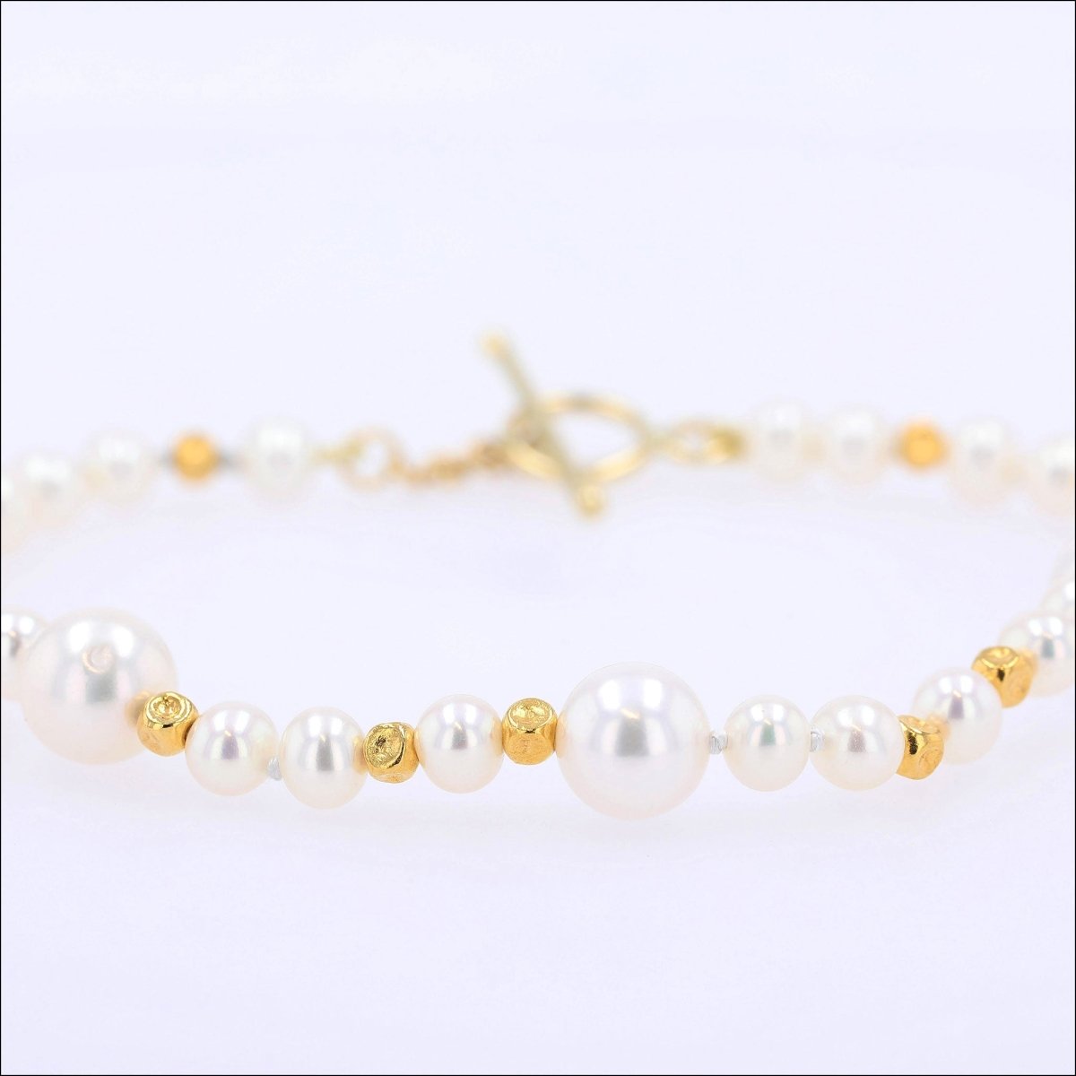 Chinese Freshwater Pearl Strand with Gold Beads Bracelet 18KY 8" - Jewelsmith - Durham NC - Handcrafted - Bracelets
