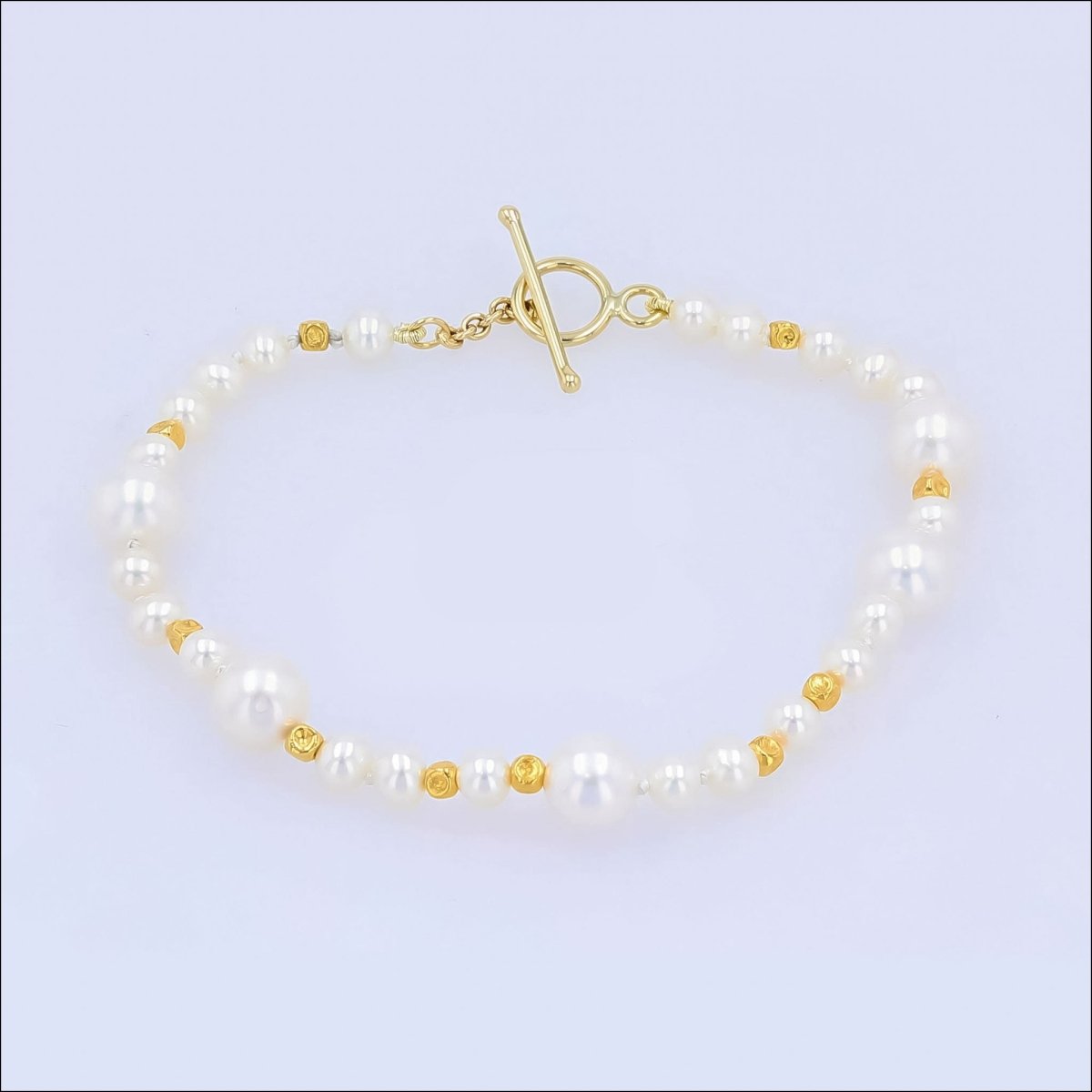 Chinese Freshwater Pearl Strand with Gold Beads Bracelet 18KY 8" - Jewelsmith - Durham NC - Handcrafted - Bracelets
