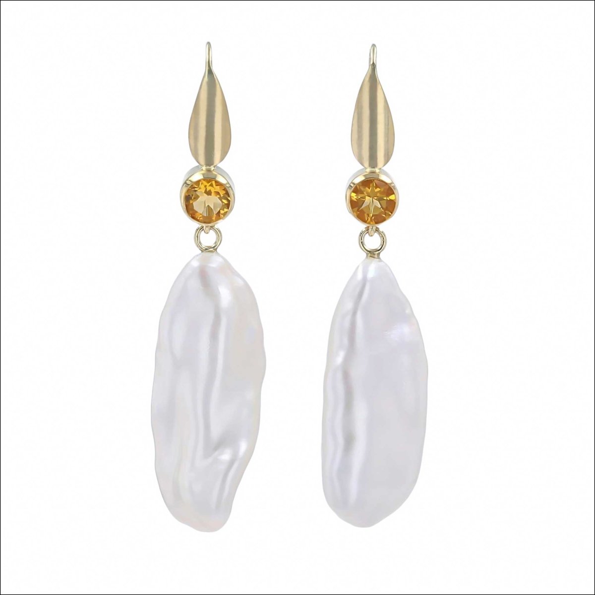Citrine and Chinese Freshwater Baroque White Pearl Dangle Earrings 18KY - JewelsmithEarrings