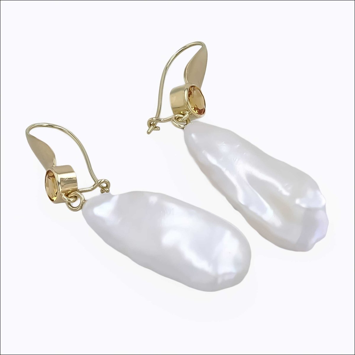 Citrine and Chinese Freshwater Baroque White Pearl Dangle Earrings 18KY - JewelsmithEarrings