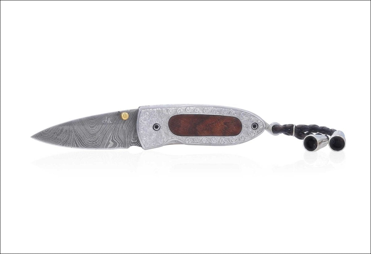 Damascus Steel Folding Knife Hand Engraved Tali Wood Inlay Handle - Jewelsmith - Durham NC - Handcrafted - Folding Knife