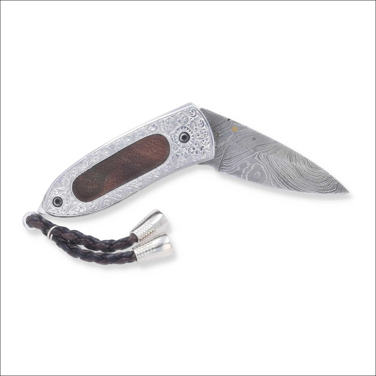 Damascus Steel Folding Knife Hand Engraved Tali Wood Inlay Handle - Jewelsmith - Durham NC - Handcrafted - Folding Knife