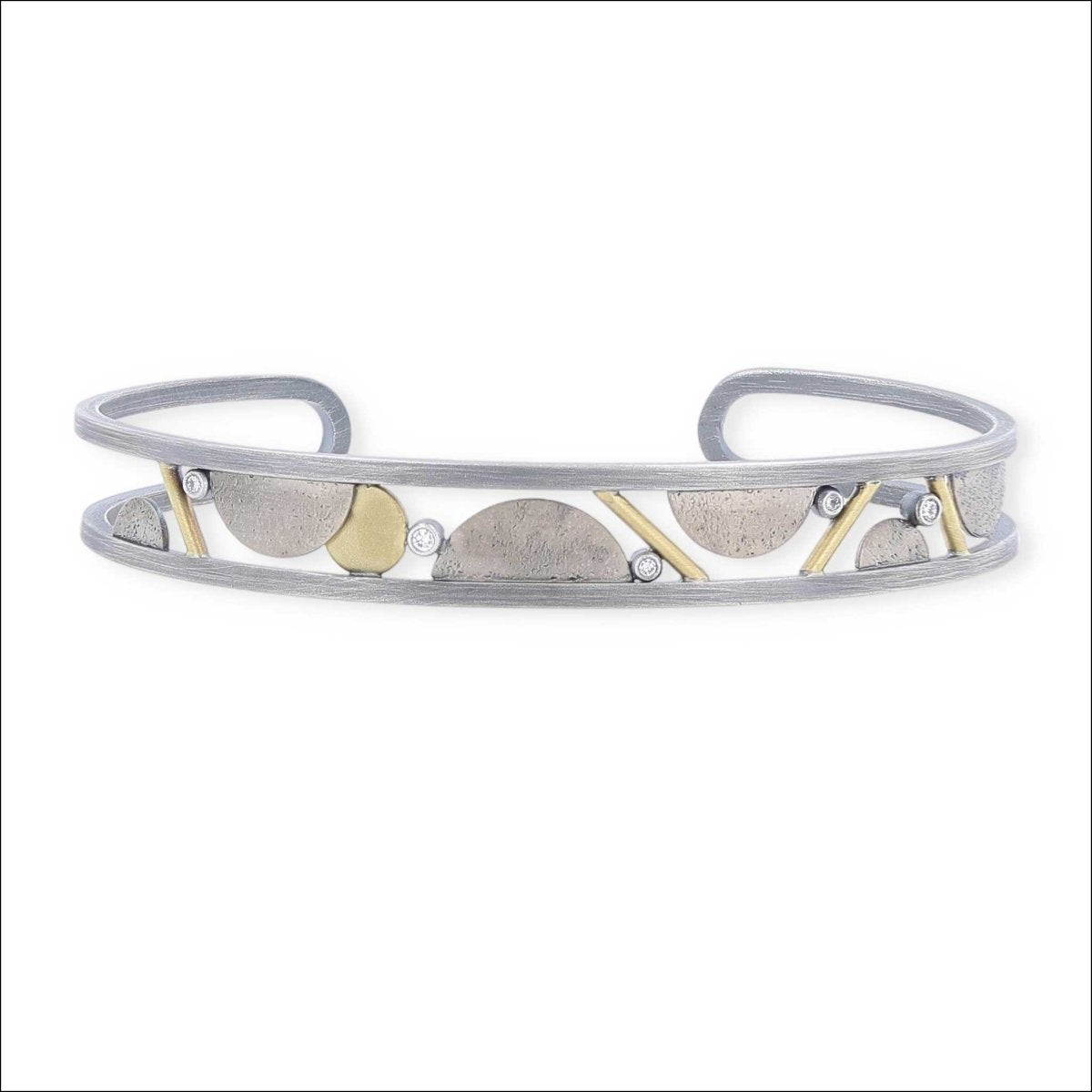 Diamond Half Circles and Lines Textured Wire Cuff Bracelet Sterling Silver 18KY 14KW - JewelsmithBracelets