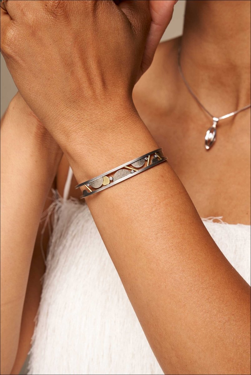 Diamond Half Circles and Lines Textured Wire Cuff Bracelet Sterling Silver 18KY 14KW - JewelsmithBracelets