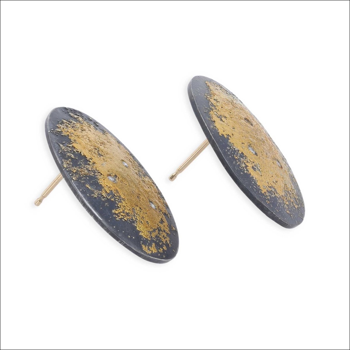 Diamond Sprinkled Oval Gold Dust Stud Earrings 24KY Oxidized Sterling Silver - JewelsmithEarrings