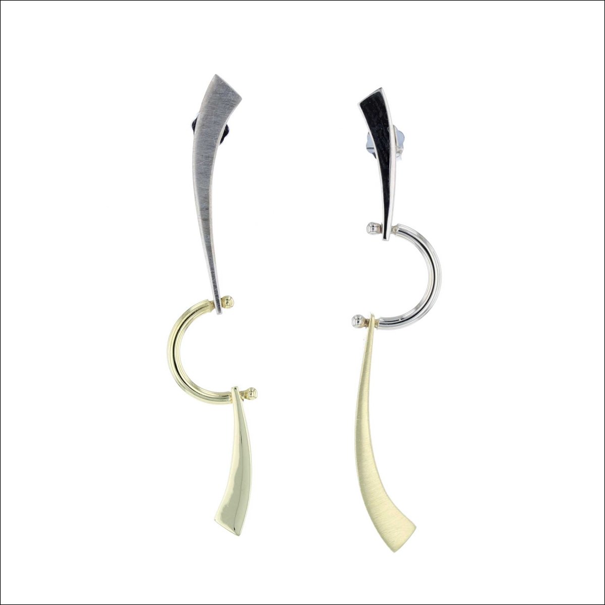 Forged Asymmetrical C - Swing Dangle Earrings 18KY 14KW - Jewelsmith - Durham NC - Handcrafted - Earrings