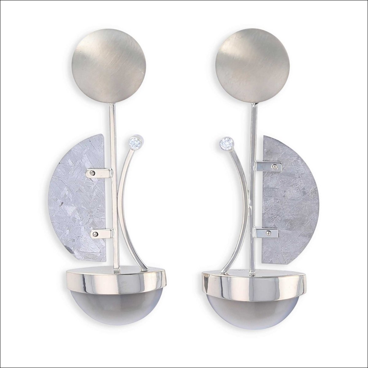 Gray Moonstone Diamond Meteorite Disc Earrings 14KW - Jewelsmith - Durham NC - Handcrafted - Earrings