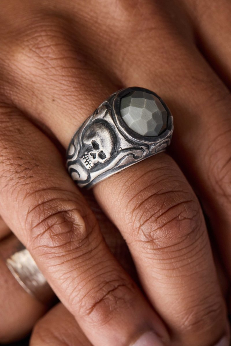 Gray Quartz Skull and Swirl Ring Sterling Silver - Jewelsmith - Durham NC - Handcrafted - Rings