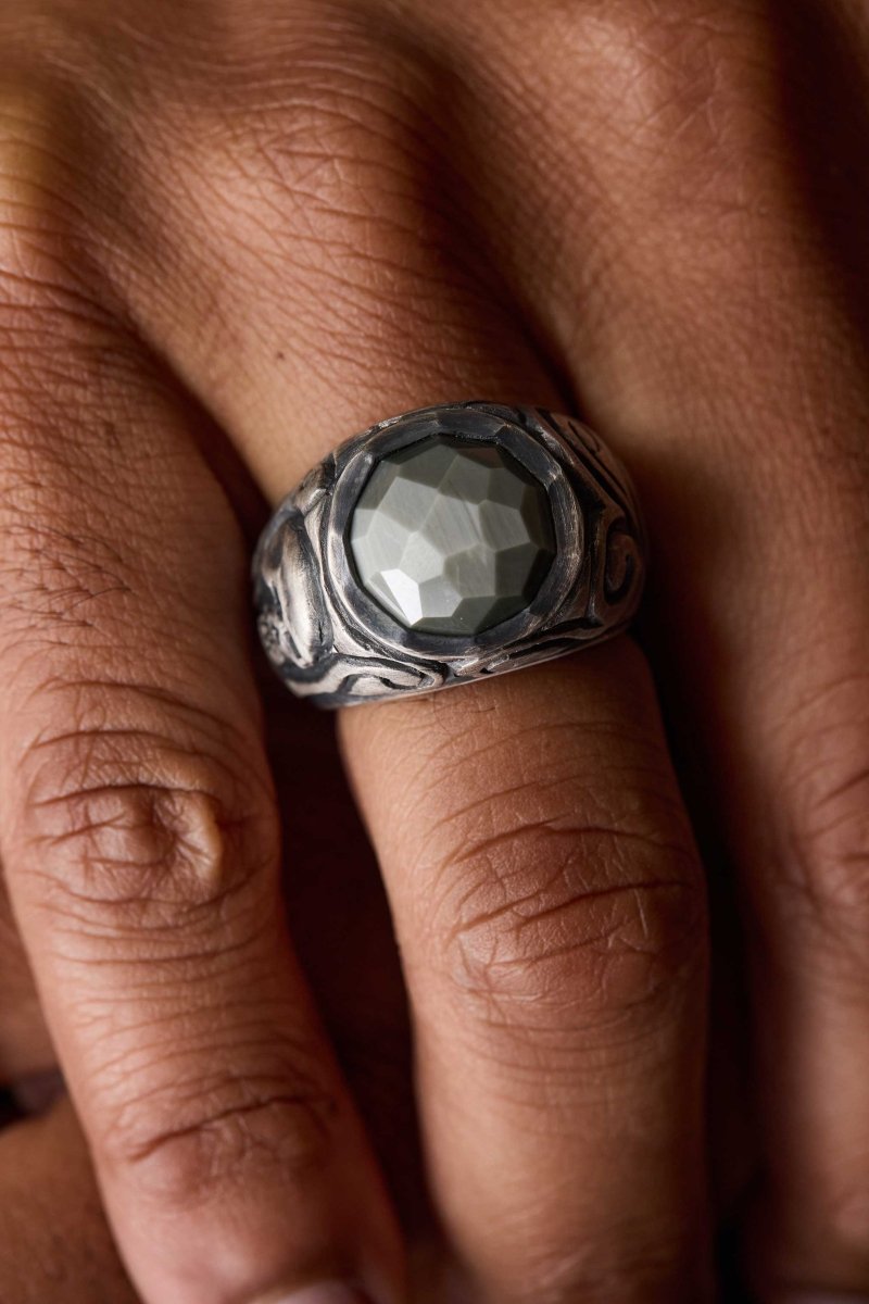 Gray Quartz Skull and Swirl Ring Sterling Silver - Jewelsmith - Durham NC - Handcrafted - Rings