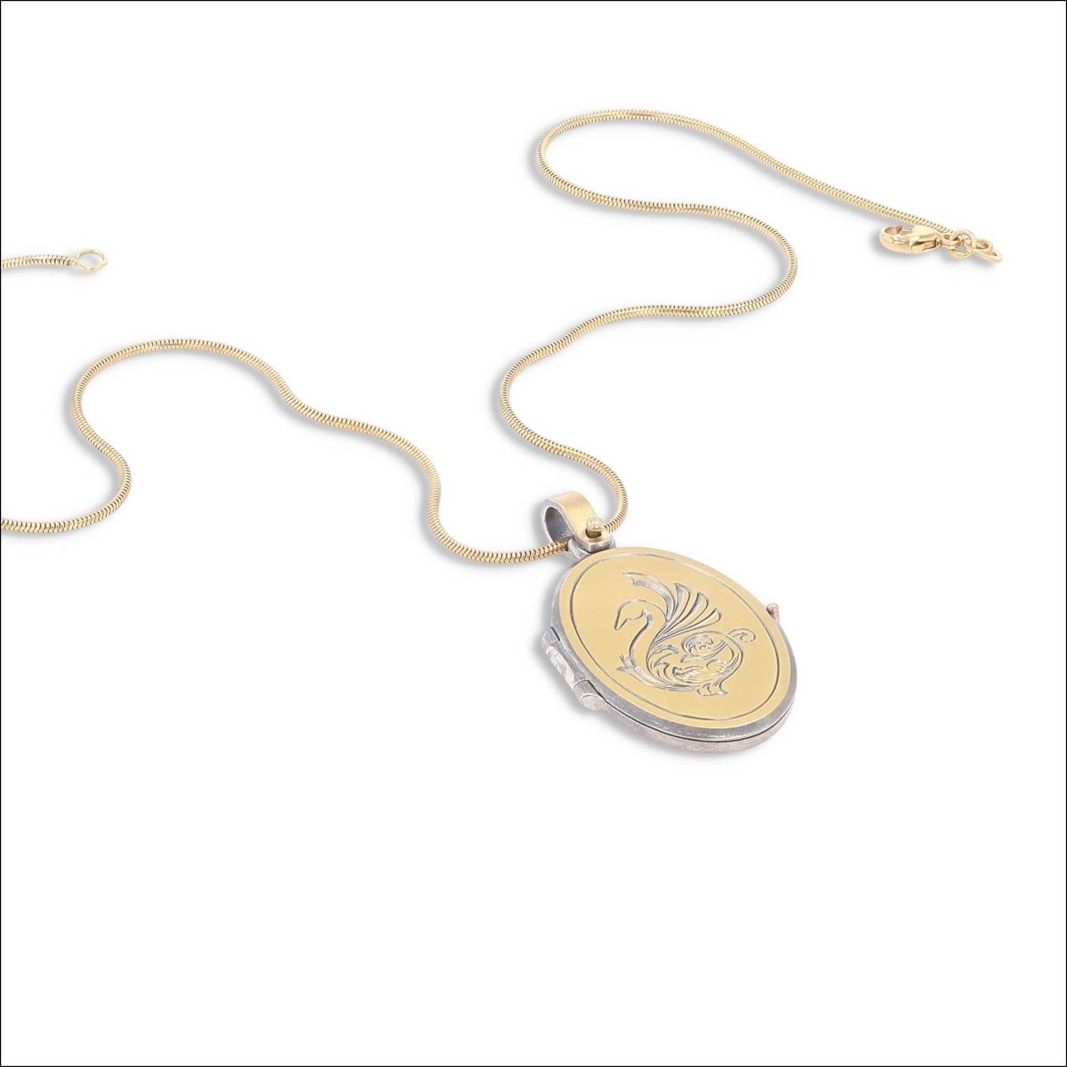 Hand Engraved Swan Locket Pendant Sterling Silver/22KY Bimetal 18KY Sterling Silver - JewelsmithPendants