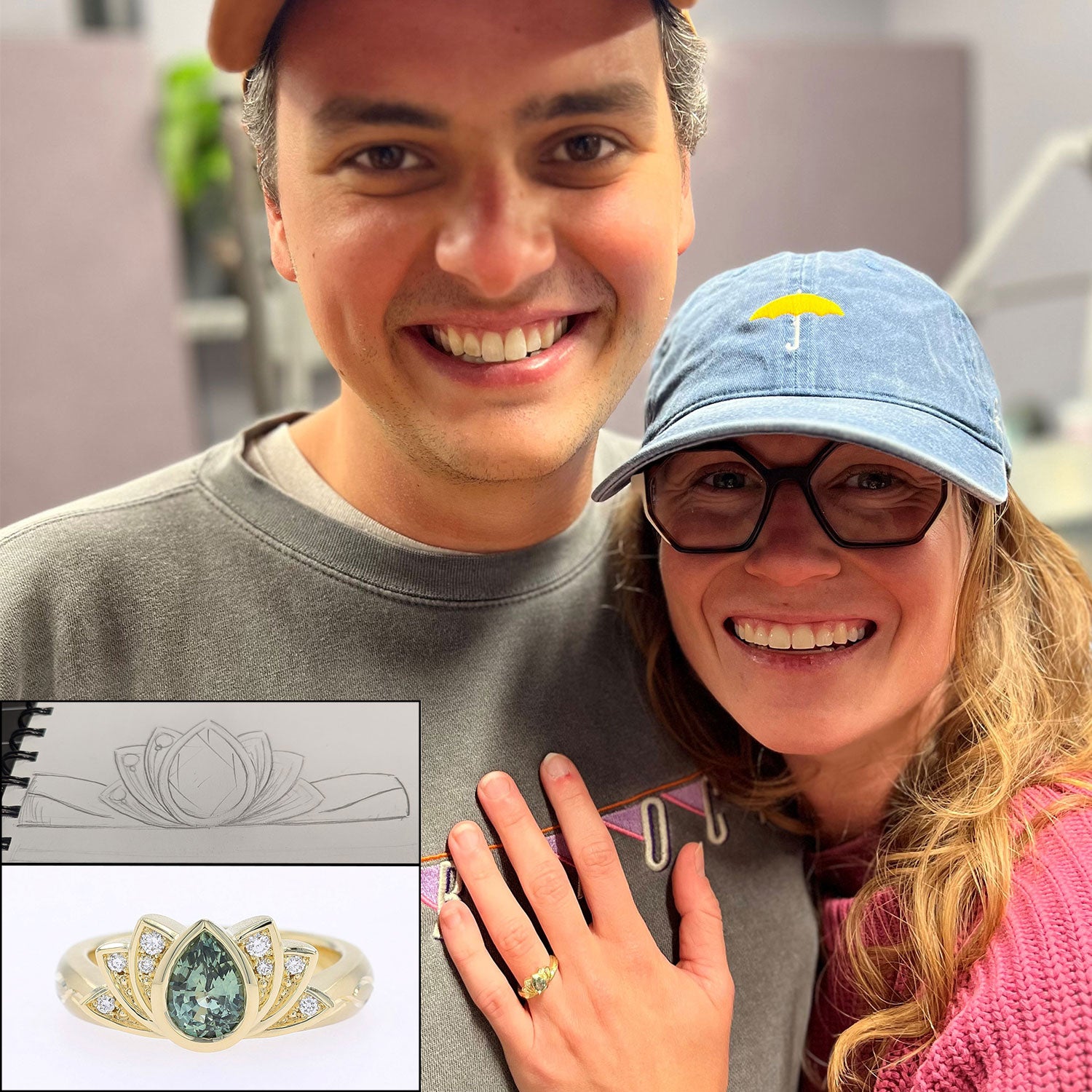 happy engagement ring clients, drawing, closeup of finished green sapphire lotus engagement ring handmade at Jewelsmith Durham, NC