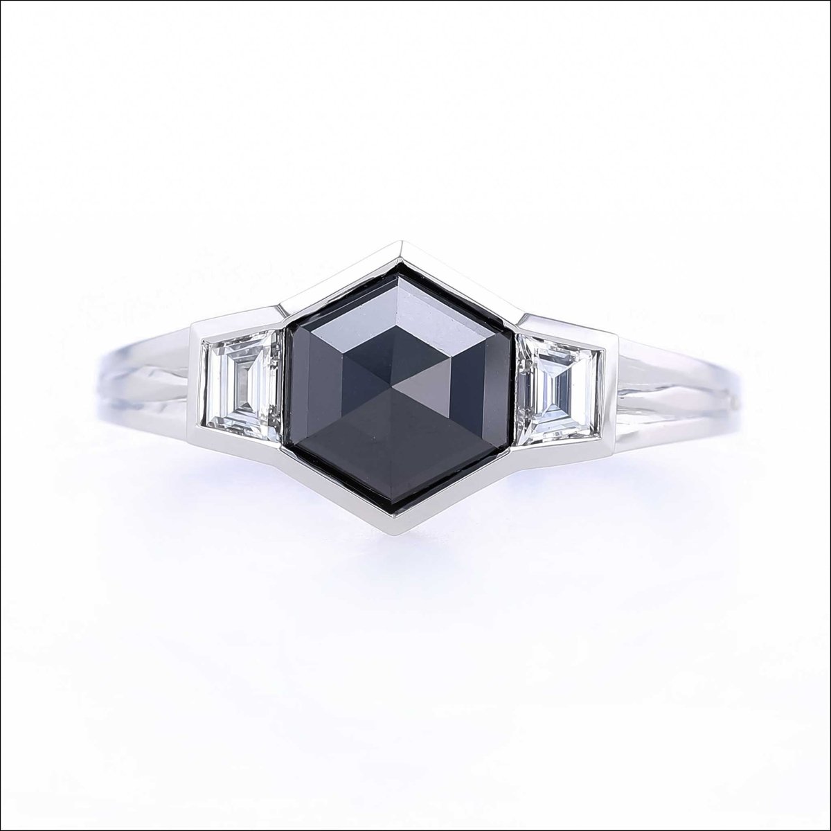 Hexagon Black Diamond Trapezoid Sides Engagement Ring Platinum - JewelsmithEngagement Rings