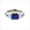 Horizontal Emerald Cut Sapphire with Baguette Diamond and Round Sapphires Plat (Consignment) - Jewelsmith - Durham NC - Handcrafted - Rings