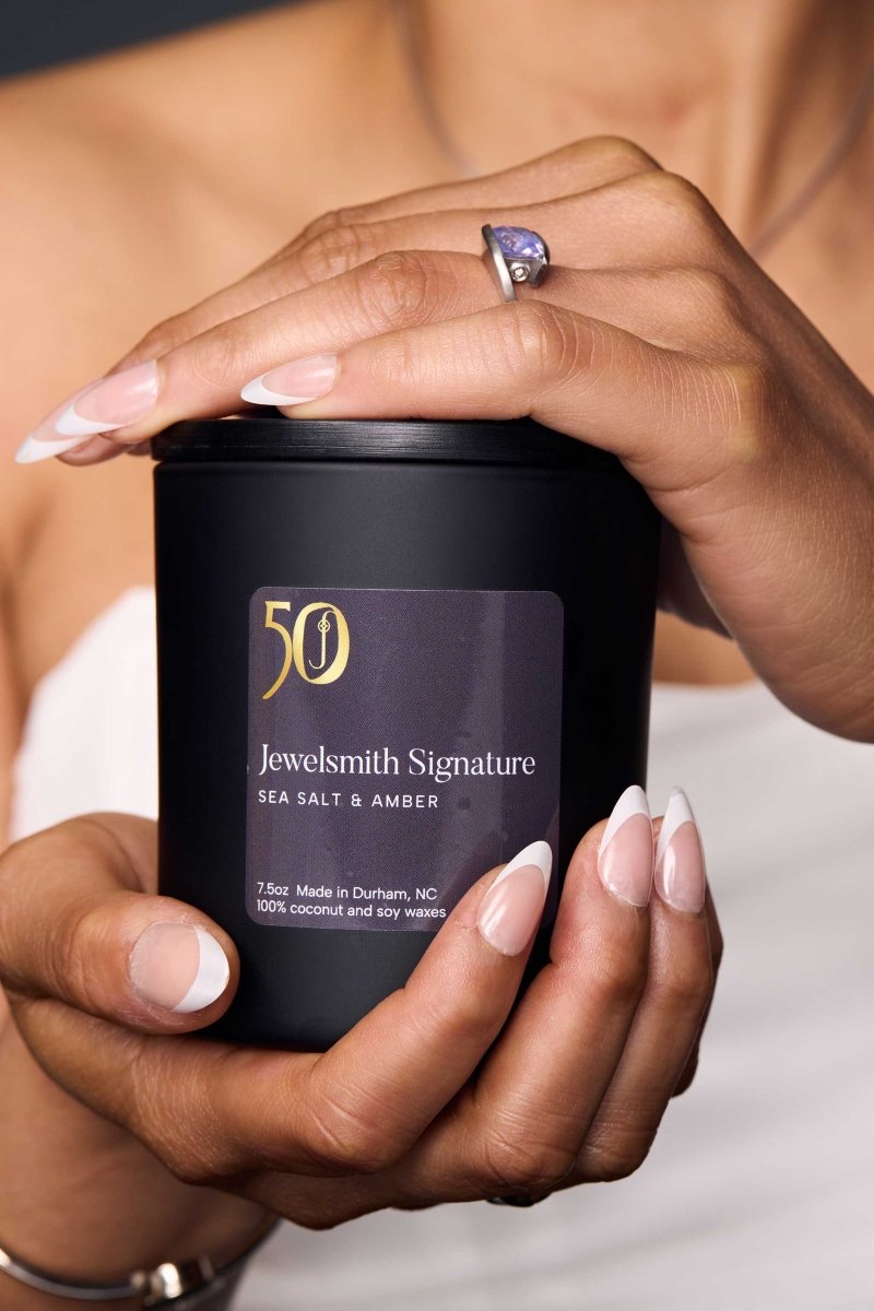 Jewelsmith Signature Sea Salt and Amber 50th Anniversary Candle by Bright Black - Jewelsmith - Durham NC - Handcrafted - Candle