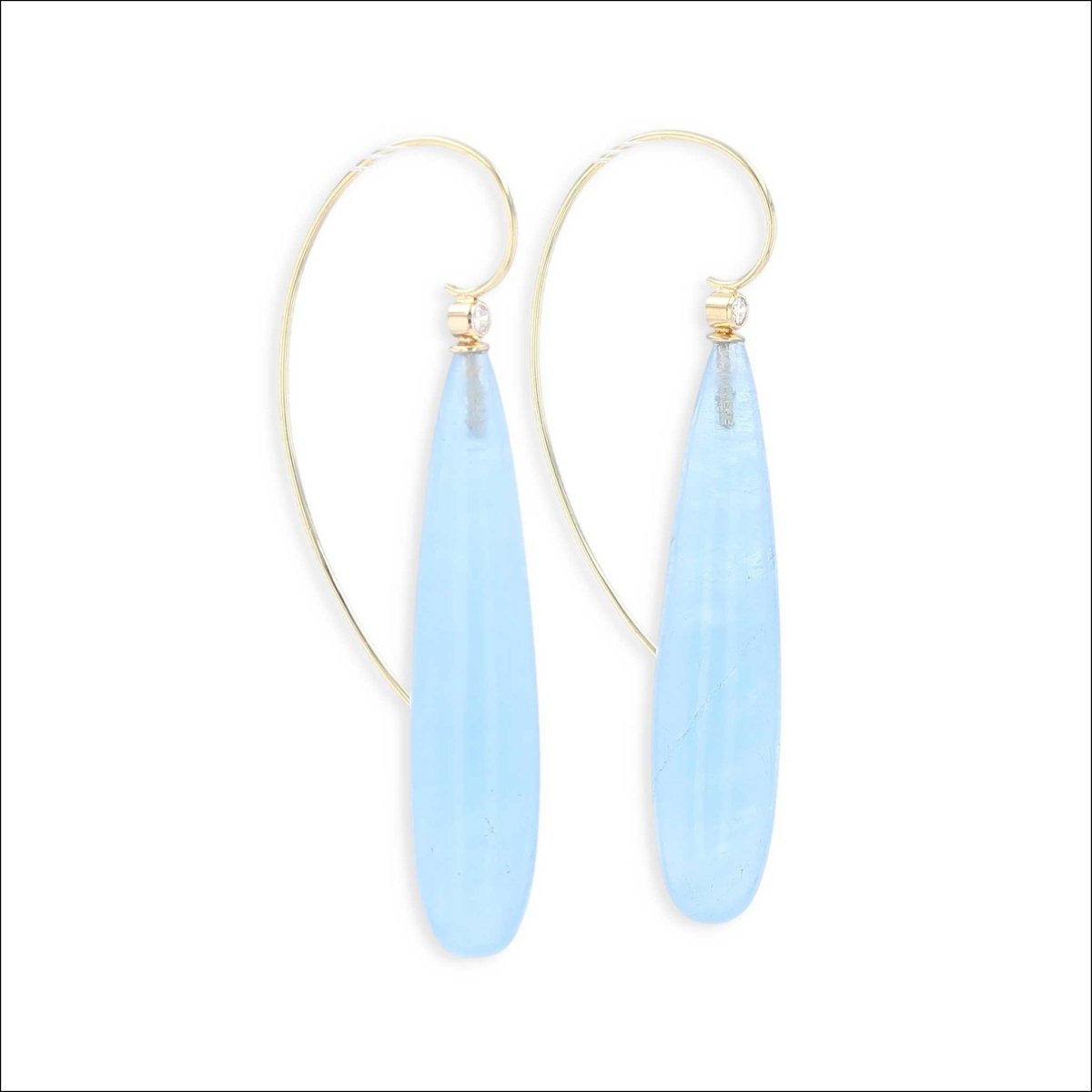 Long Aquamarine Smooth Briolette and Diamond Wire Earrings 18KY - Jewelsmith - Durham NC - Handcrafted - Earrings