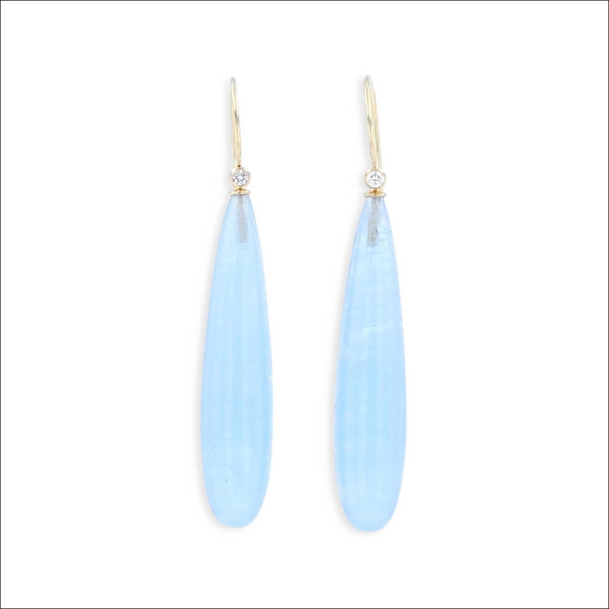 Long Aquamarine Smooth Briolette and Diamond Wire Earrings 18KY - Jewelsmith - Durham NC - Handcrafted - Earrings