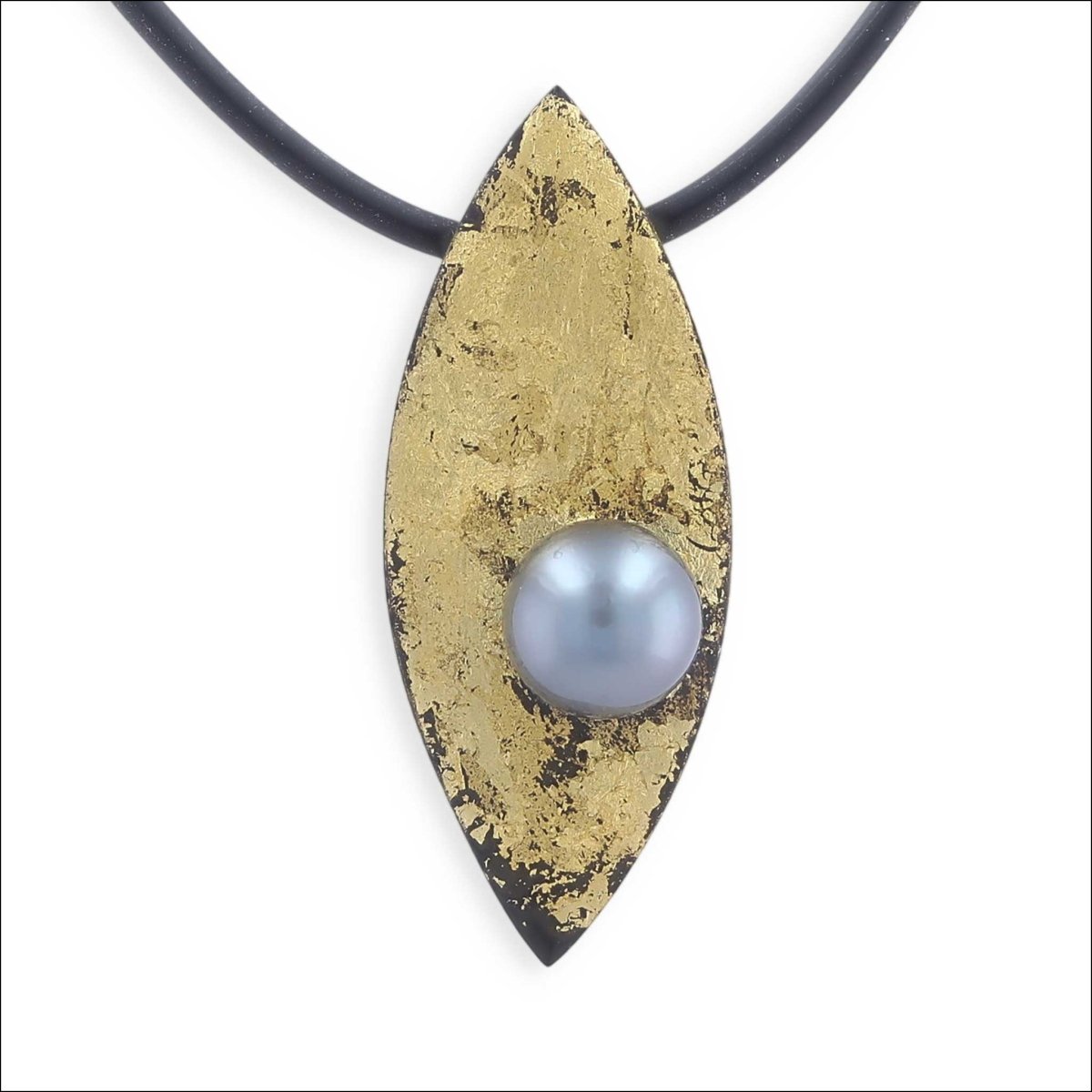 Marquise Shaped Ebony Tahitian Pearl Pendant 24KY Leaf - Jewelsmith - Durham NC - Handcrafted - Pendants