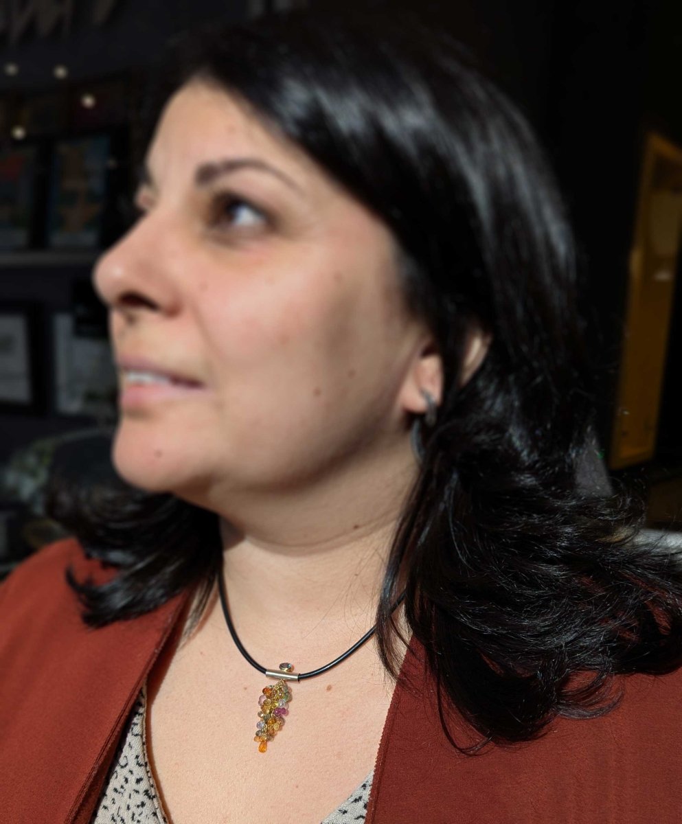 Montana Teal Sapphire Multi - Color Sapphire Briolette Bead Cluster Neoprene Necklace 18KY 14KW - JewelsmithNecklaces