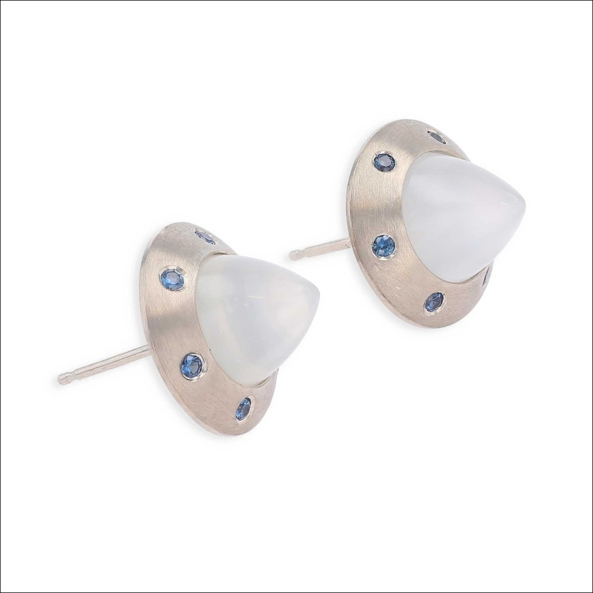 Moonstone Bullet Sapphire UFO Stud Earrings 14KW - Jewelsmith - Durham NC - Handcrafted - Earrings