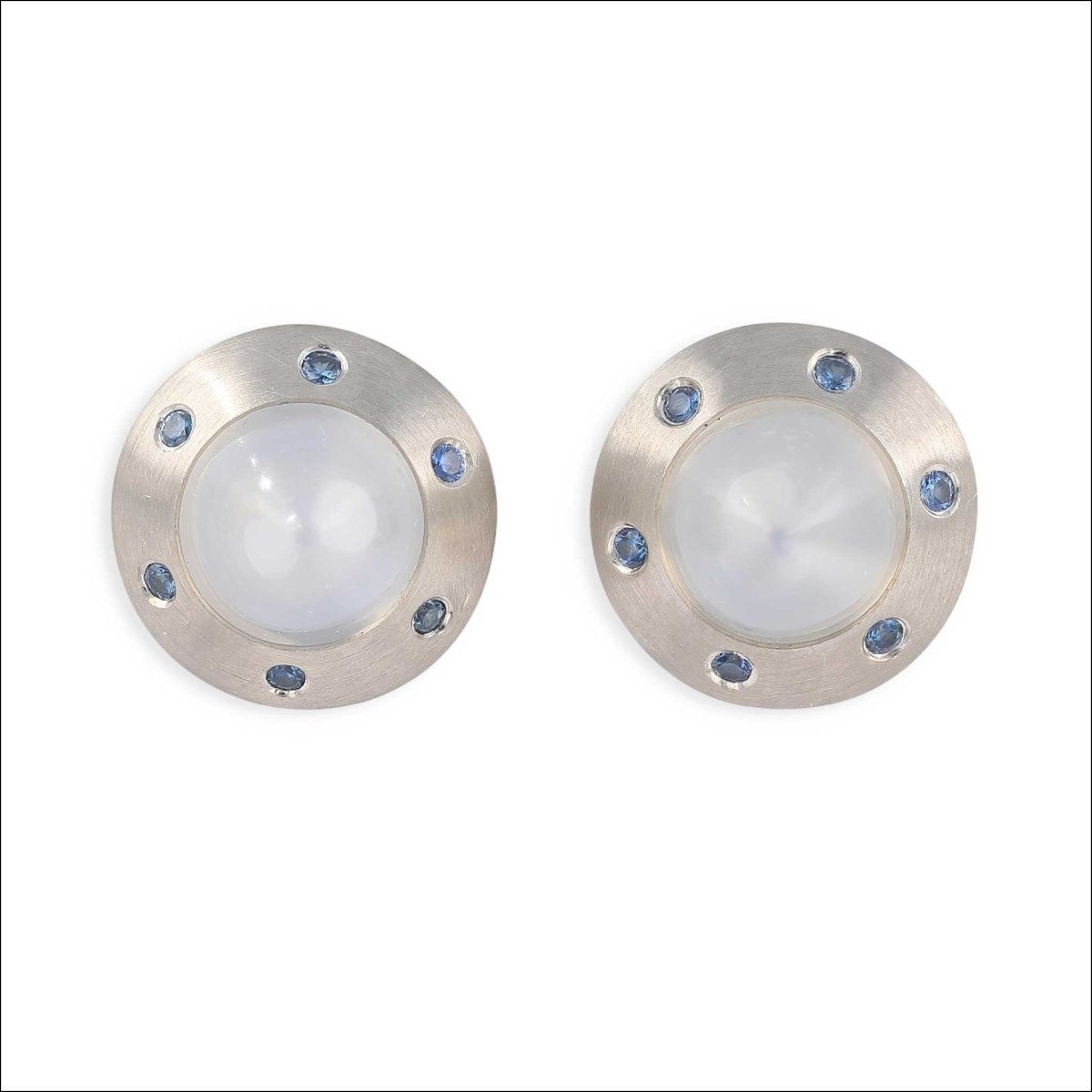 Moonstone Bullet Sapphire UFO Stud Earrings 14KW - Jewelsmith - Durham NC - Handcrafted - Earrings