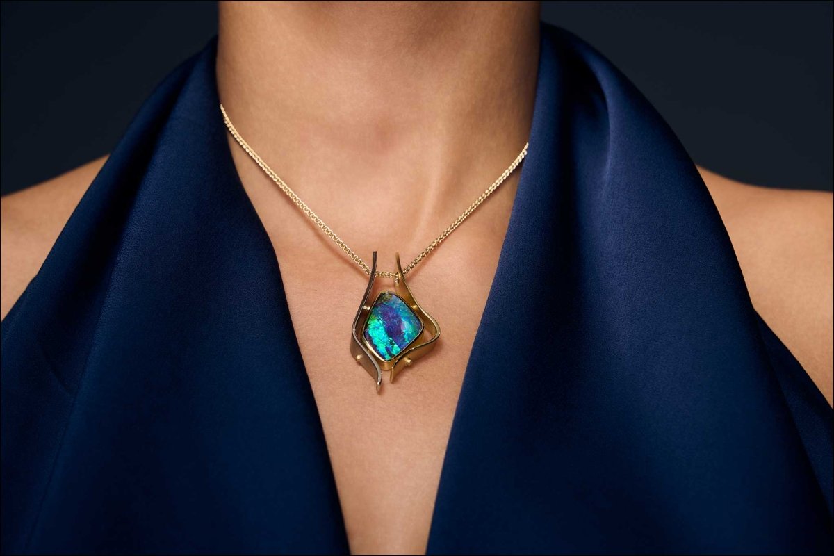 Open Frame Boulder Opal Pendant 18KY 18KW - Jewelsmith - Durham NC - Handcrafted - Pendants
