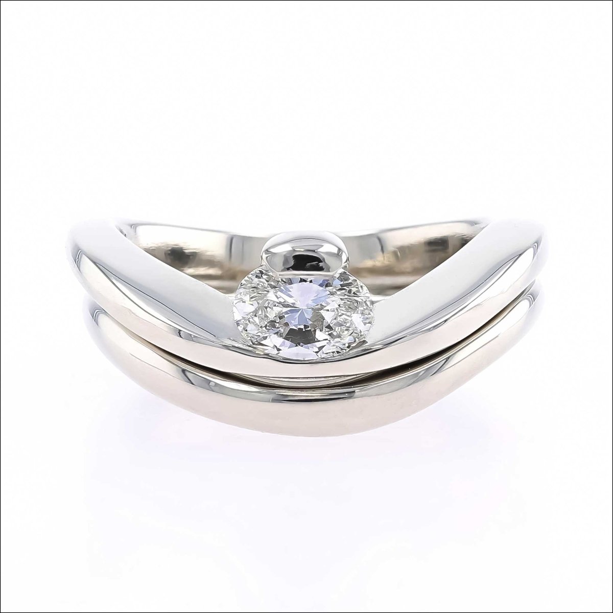 Open Wave Oval Diamond Engagement Ring 18KW with fitted band - JewelsmithRings