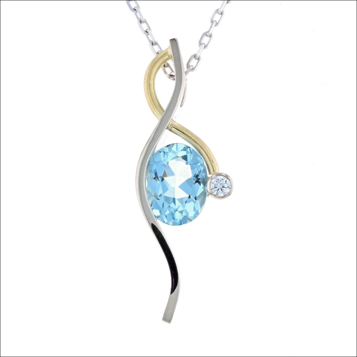 Oval Aquamarine and Diamond Curvy Pendant 14KW 18KY - Jewelsmith - Durham NC - Handcrafted - Pendants