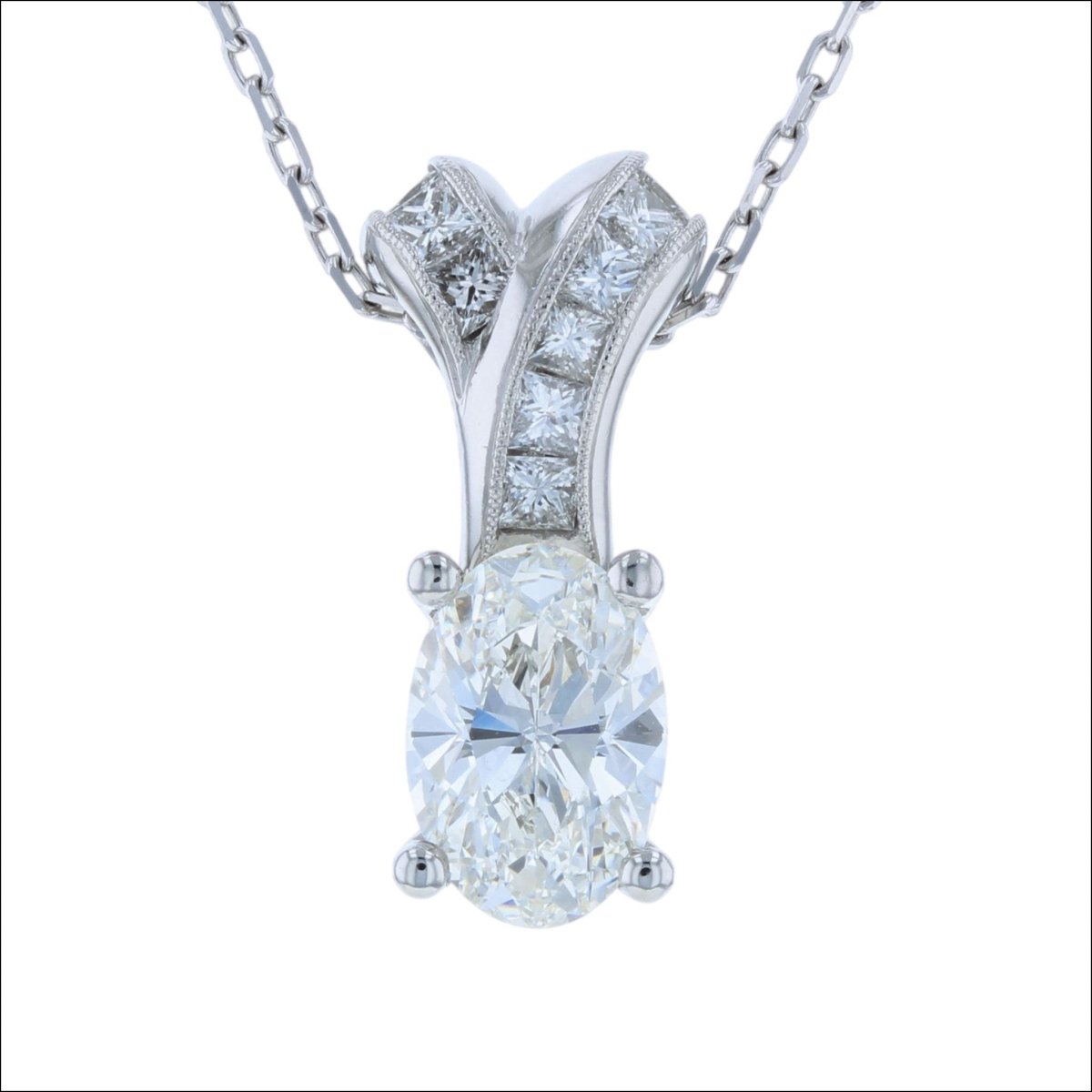 Oval Diamond and Princess Cut Diamond Pendant Platinum (Consignment) - Jewelsmith - Durham NC - Handcrafted - Pendants