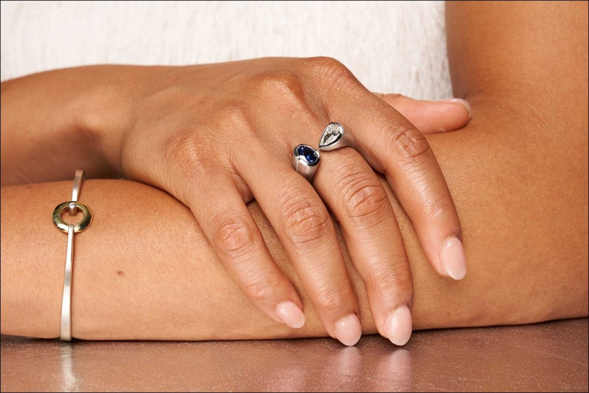 Oval Sapphire and Pear Shaped Diamond Kissing Ring Platinum - JewelsmithRings