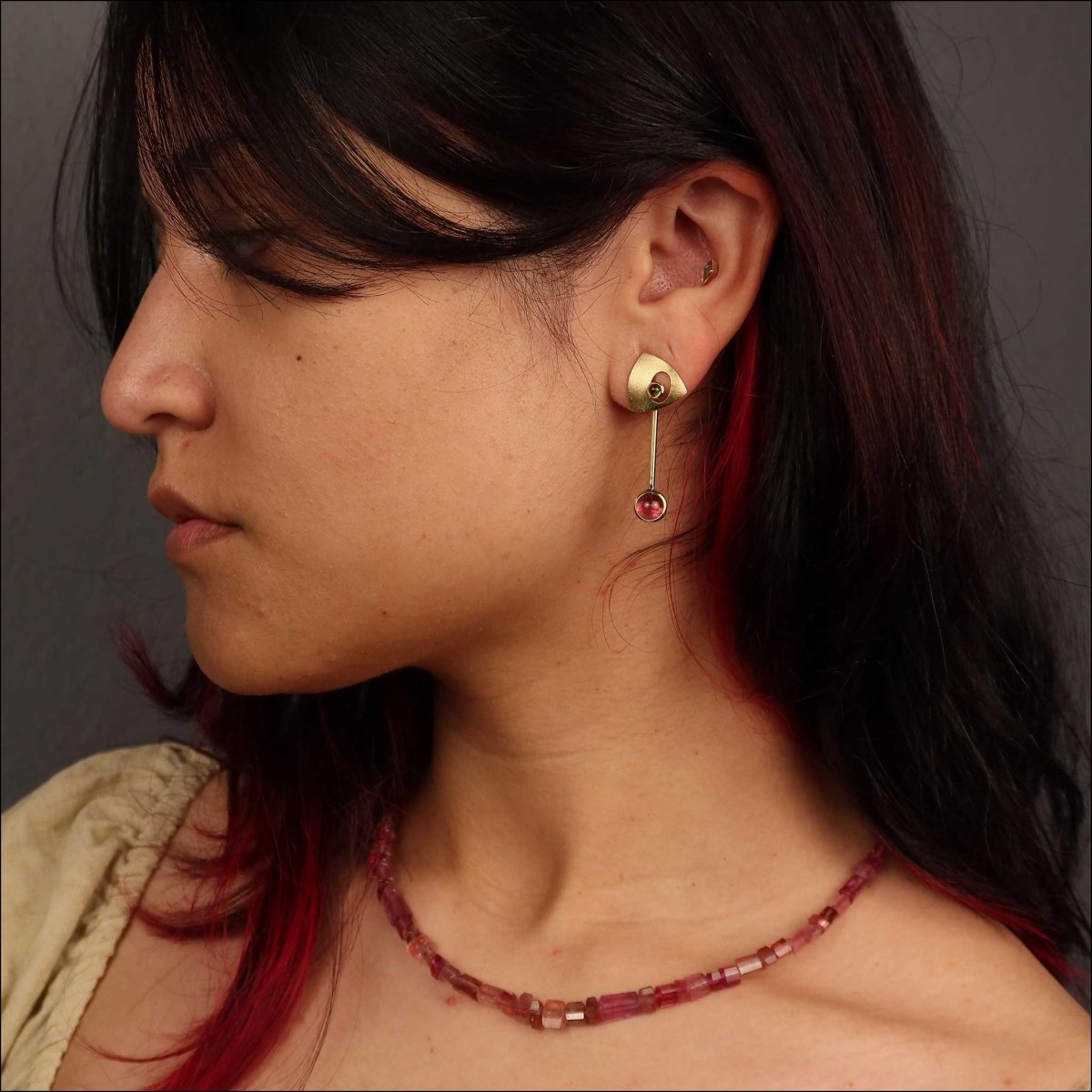 Pink and Green Tourmaline Asymmetrical Earrings 18KY (Consignment) - JewelsmithEarrings