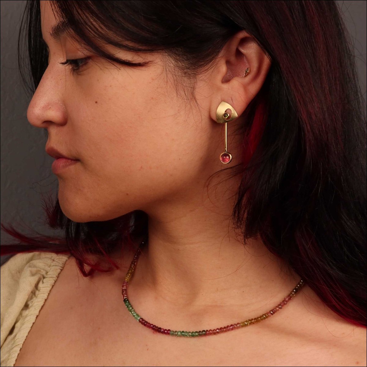 Pink and Green Tourmaline Asymmetrical Earrings 18KY (Consignment) - JewelsmithEarrings