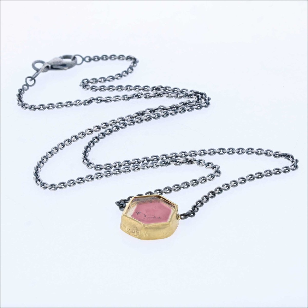 Pink and Tan Tourmaline Slice Necklace 16" Sterling Silver 22KY - Jewelsmith - Durham NC - Handcrafted - Necklaces