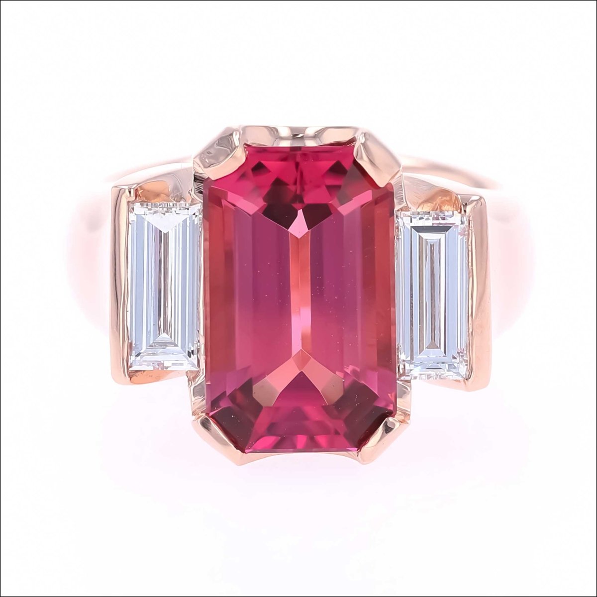 Pink Tourmaline Diamond Baguette Three Stone Ring 14K Rose - JewelsmithRings