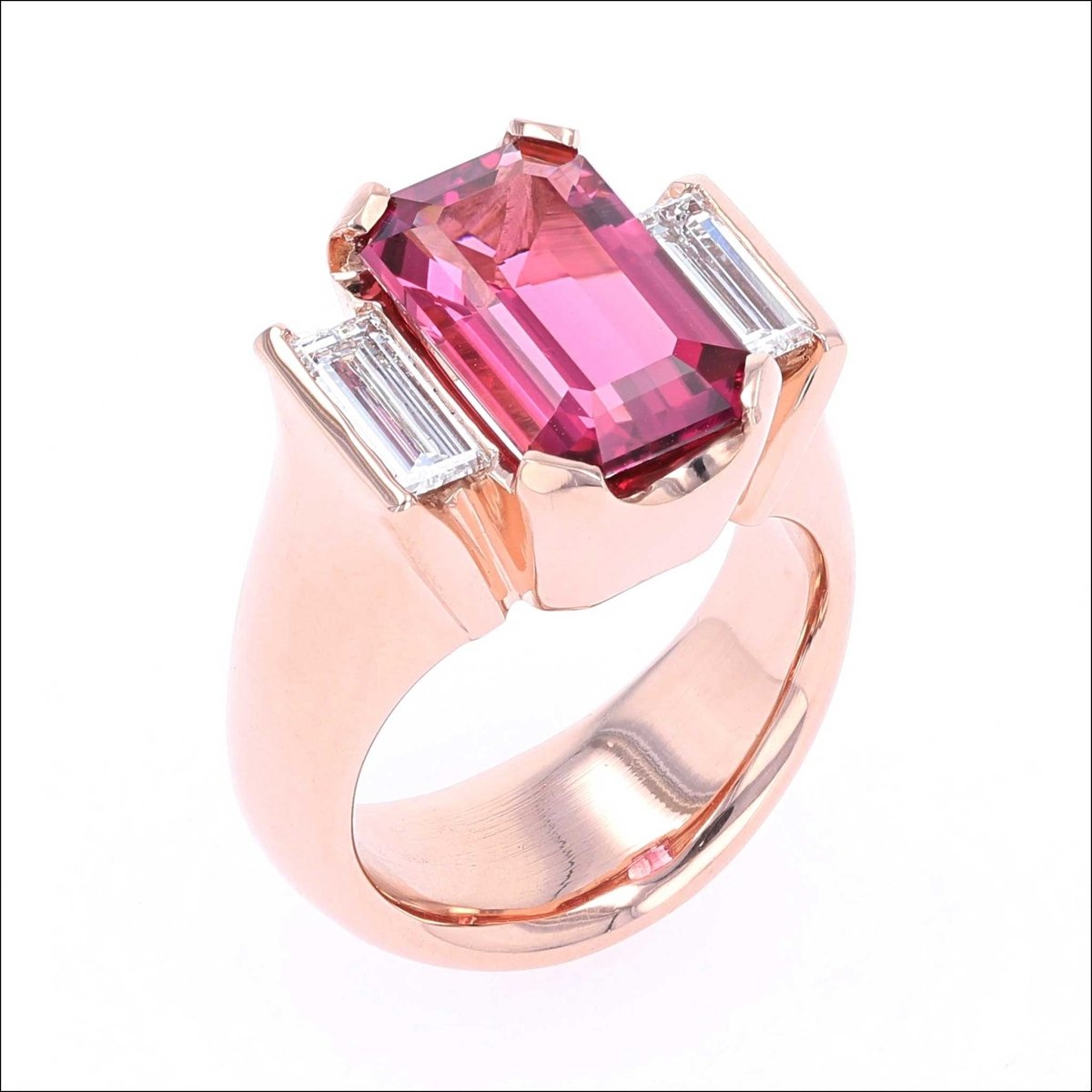 Pink Tourmaline Diamond Baguette Three Stone Ring 14K Rose - JewelsmithRings