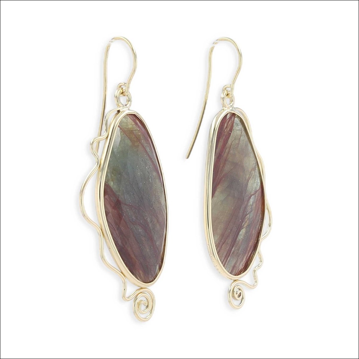 Rose Cut Brown and Green Sapphire Squiggle Dangle Earrings 18KY - Jewelsmith - Durham NC - Handcrafted - Earrings