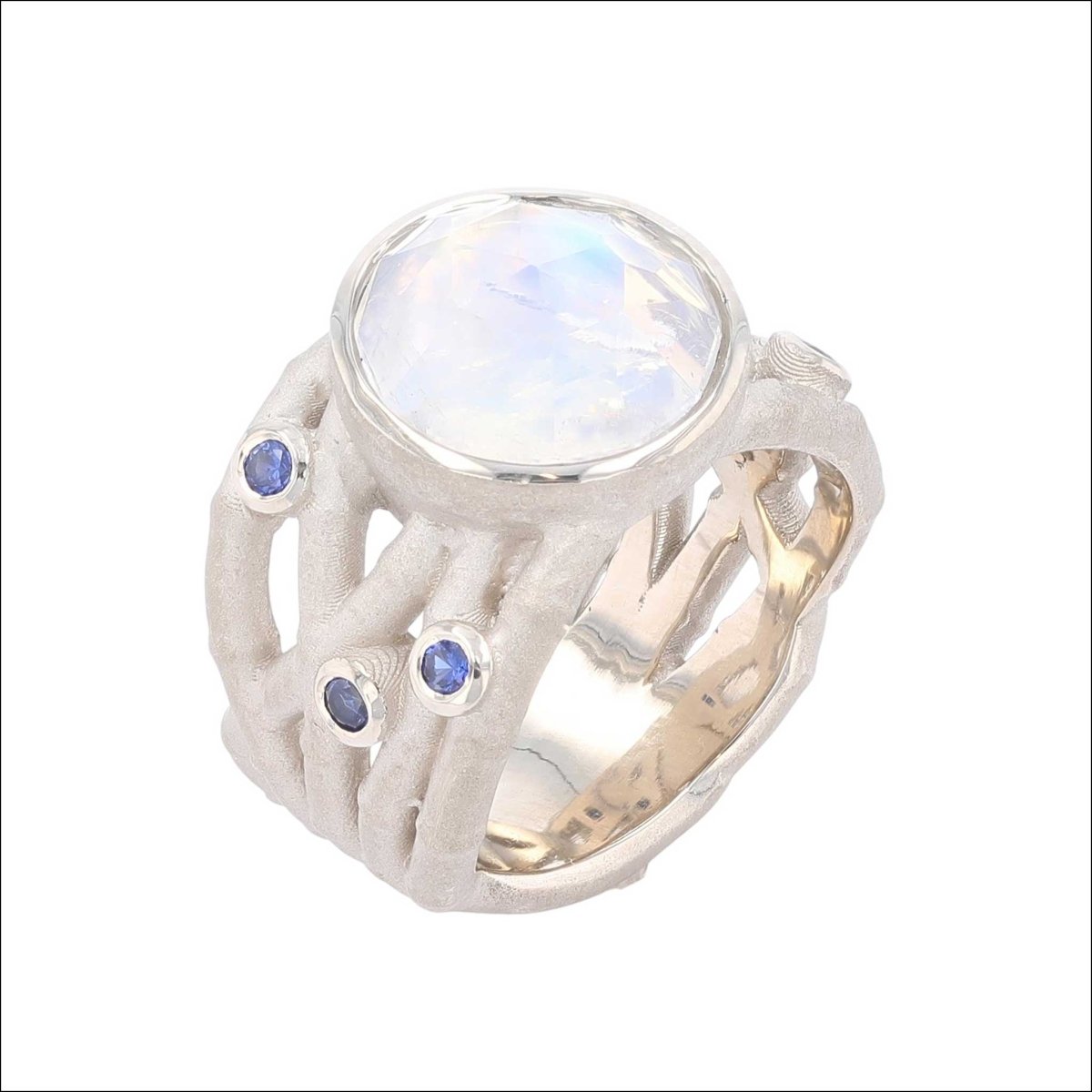 Rose Cut Rainbow Moonstone and Sapphire Bamboo Ring 14KW - Jewelsmith - Durham NC - Handcrafted - Rings
