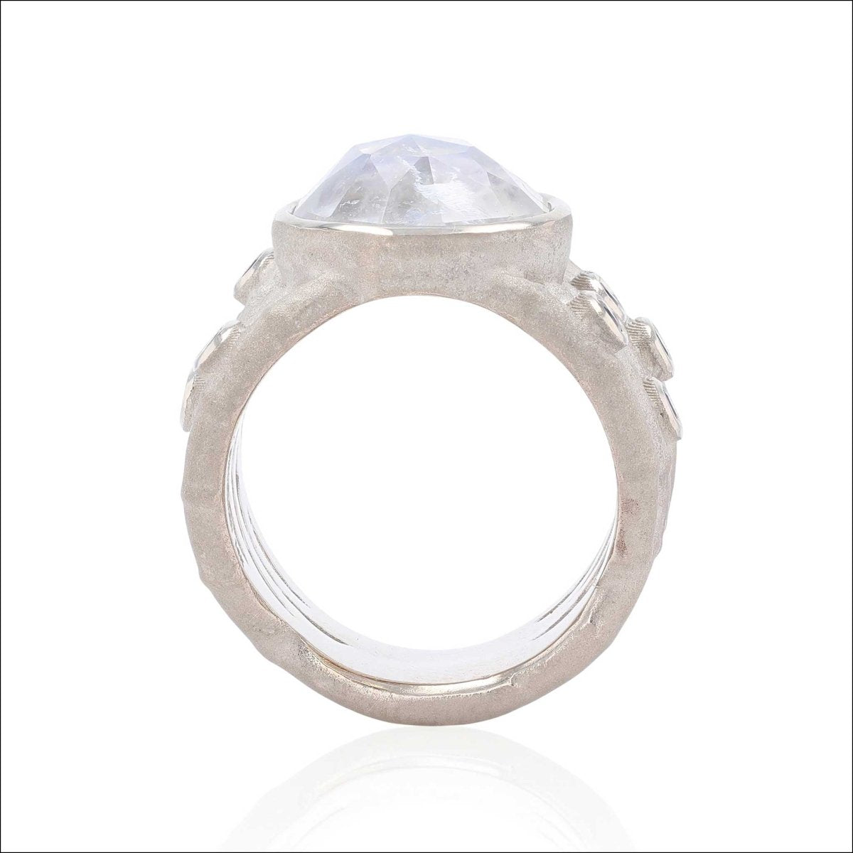 Rose Cut Rainbow Moonstone and Sapphire Bamboo Ring 14KW - Jewelsmith - Durham NC - Handcrafted - Rings