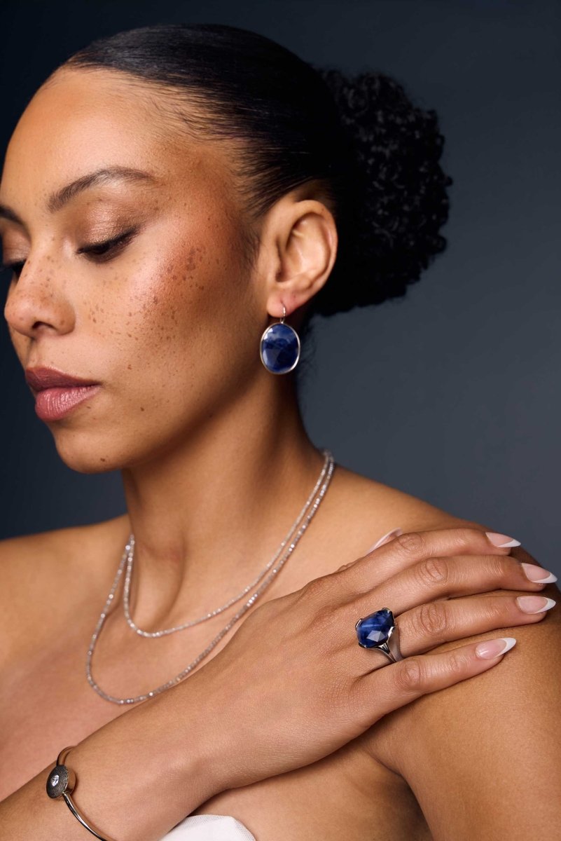 Rose Cut Sapphire Dangle Earrings 14KW - Jewelsmith - Durham NC - Handcrafted - Earrings