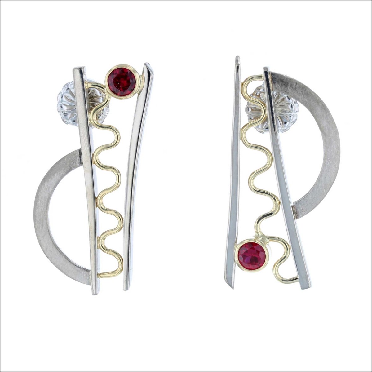 Ruby Bar Squiggle and Arch Asymmetrical Earrings 18KY 14KW - Jewelsmith - Durham NC - Handcrafted - Earrings