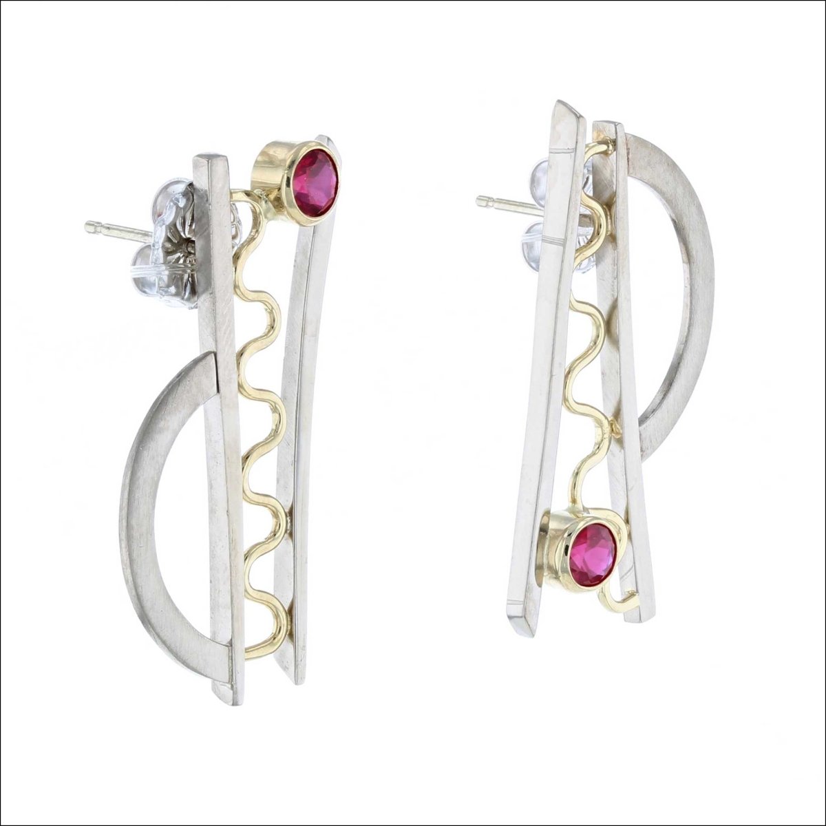 Ruby Bar Squiggle and Arch Asymmetrical Earrings 18KY 14KW - Jewelsmith - Durham NC - Handcrafted - Earrings