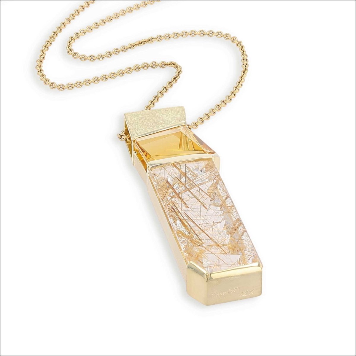 Rutilated Quartz and Golden Beryl Pendant 18KY - Jewelsmith - Durham NC - Handcrafted - Pendants