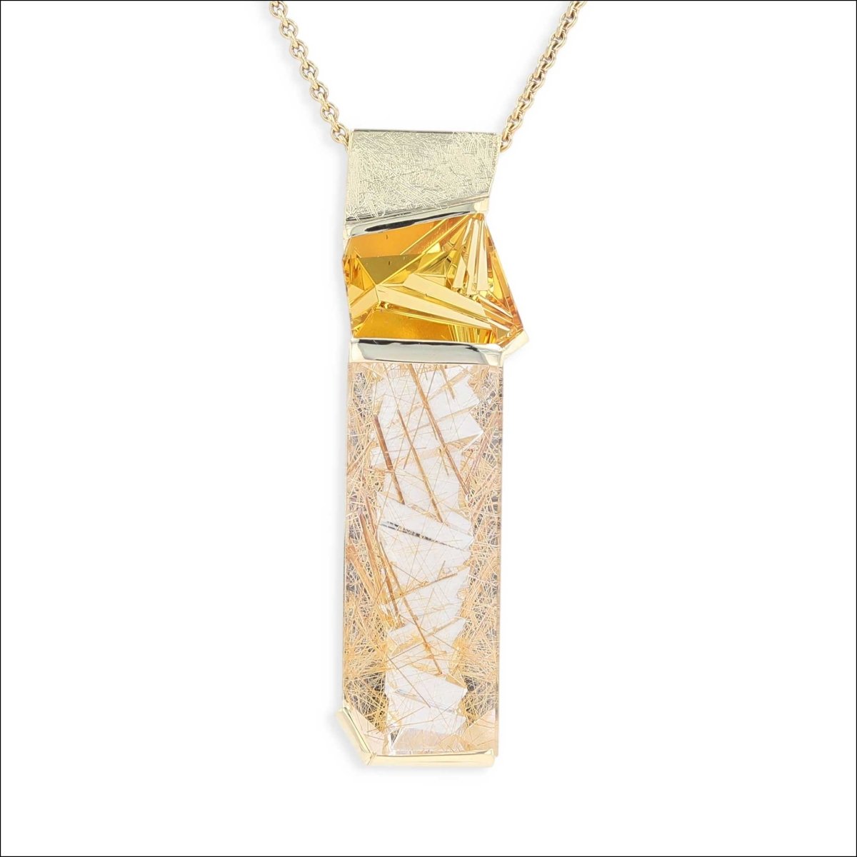 Rutilated Quartz and Golden Beryl Pendant 18KY - Jewelsmith - Durham NC - Handcrafted - Pendants