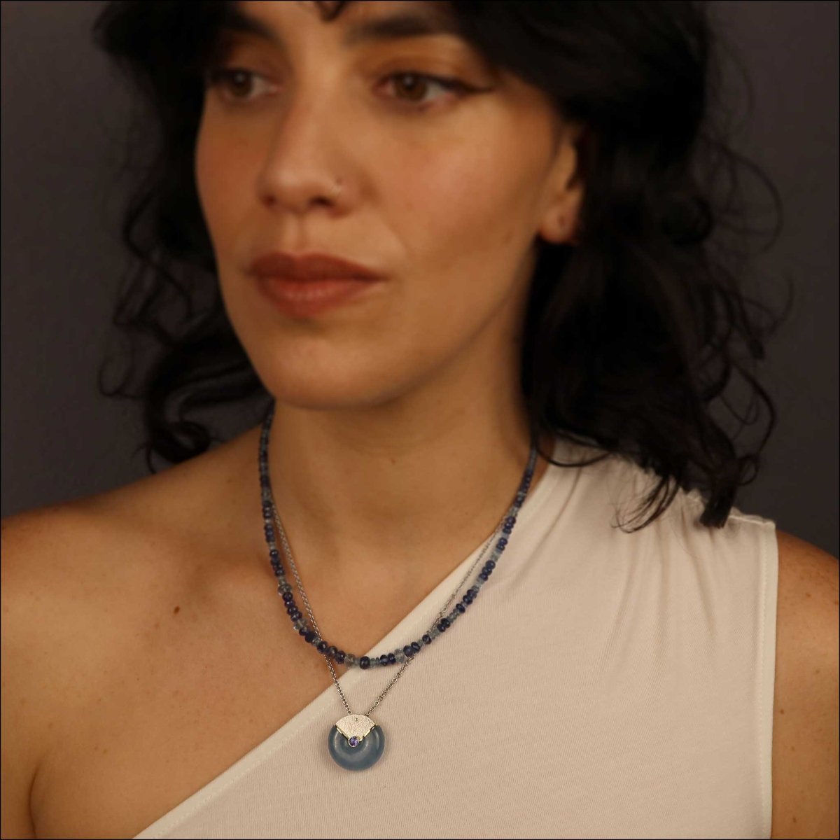 Sapphire and Aquamarine Bead Strand Necklace 14KW 17/19.5" - JewelsmithNecklaces