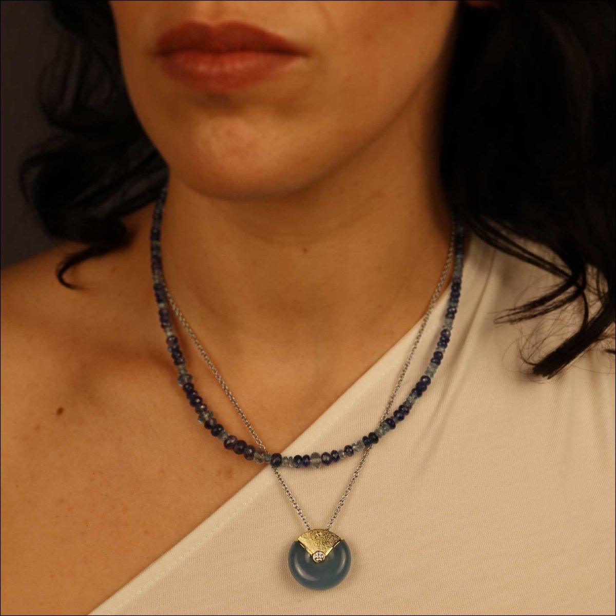 Sapphire and Aquamarine Bead Strand Necklace 14KW 17/19.5" - JewelsmithNecklaces