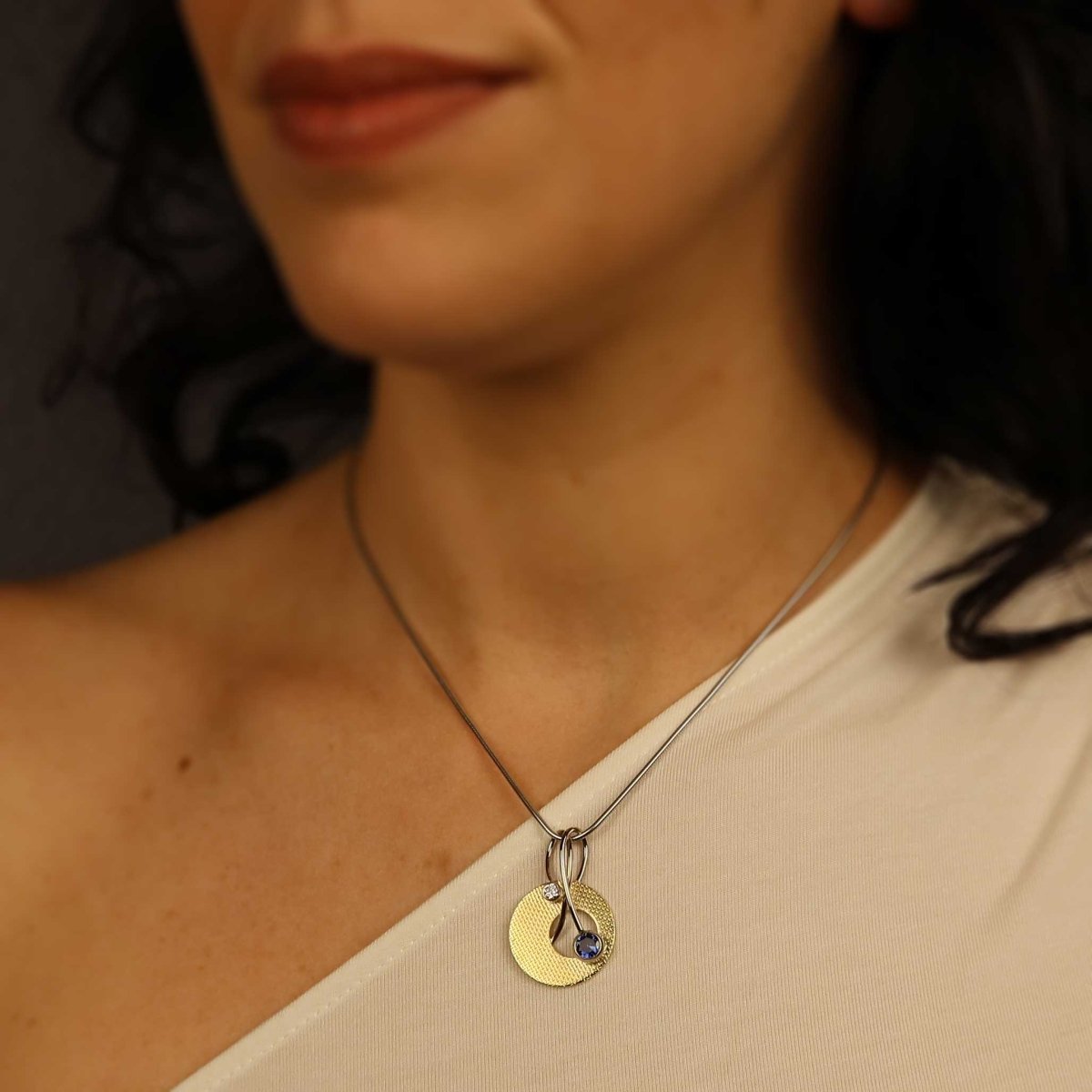 Sapphire Diamond Textured Open Disc Pendant 14KW 18KY - JewelsmithPendants