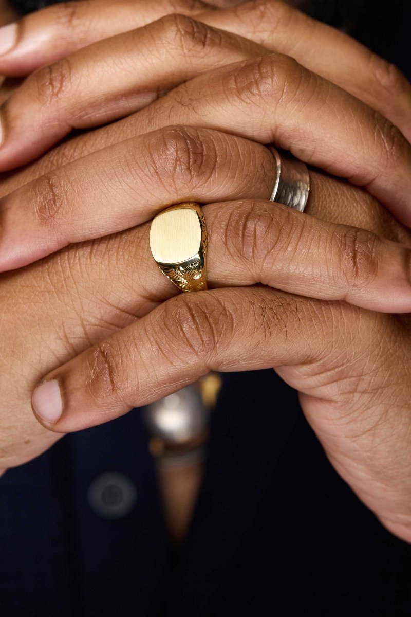 Soft Square Signet Ring with Hand Engraved Sides 18KY - Jewelsmith - Durham NC - Handcrafted - Rings