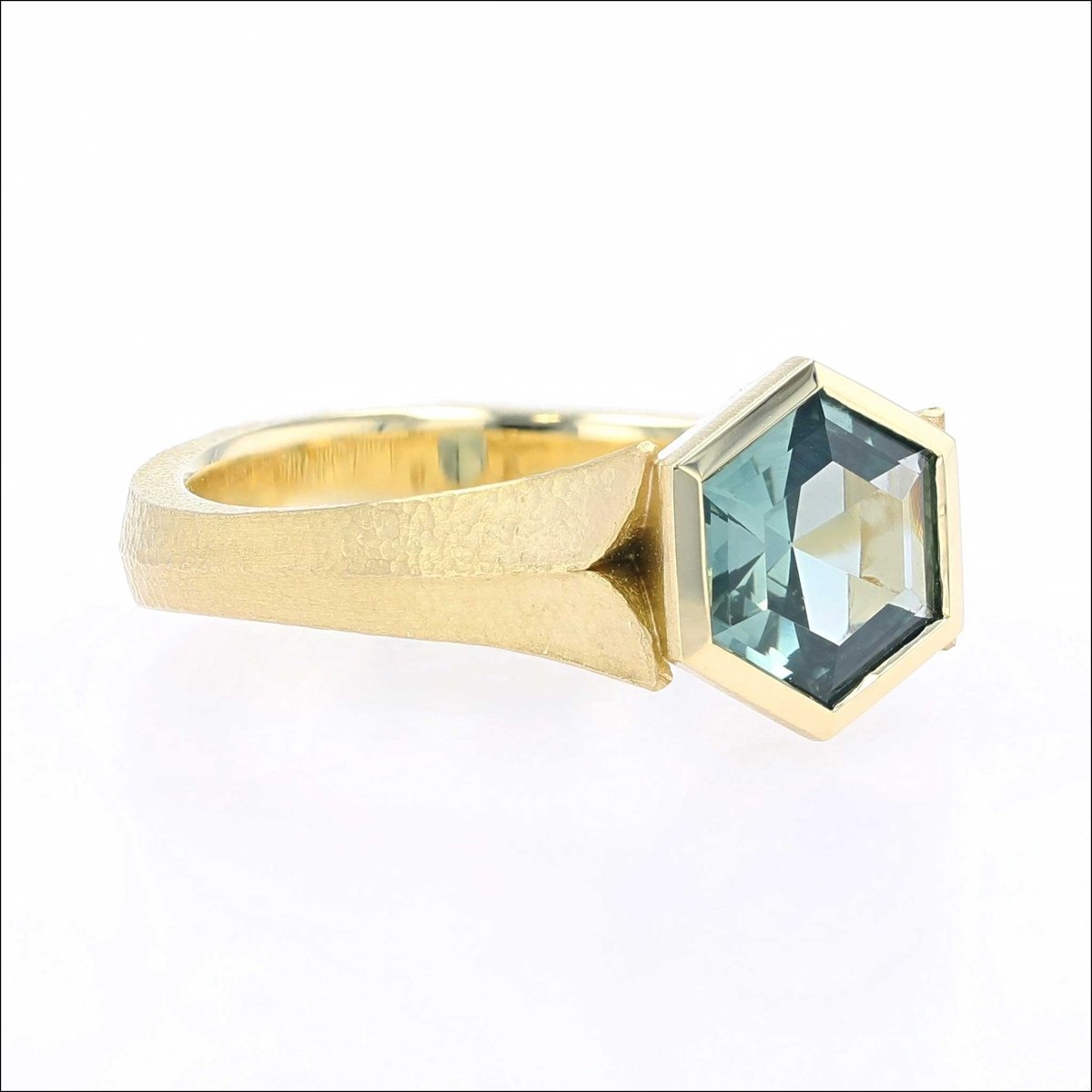 Teal Hexagonal Montana Sapphire Leaf Ring 18KY - JewelsmithEngagement Rings