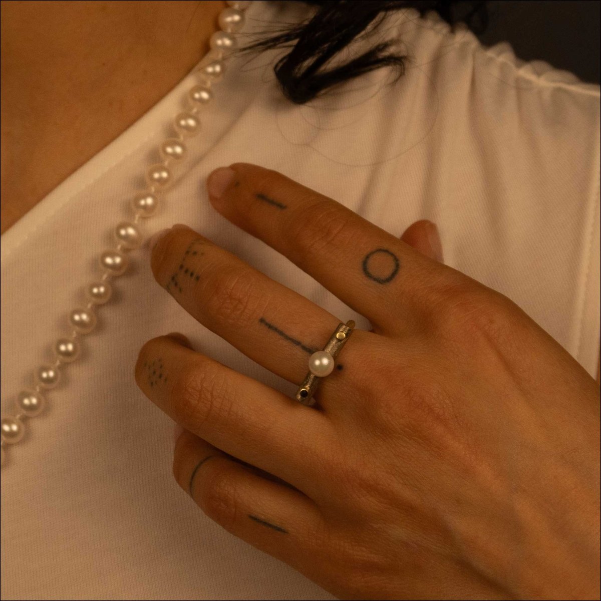 White Freshwater Pearl Forged Ring 14KW 18KY - JewelsmithRings